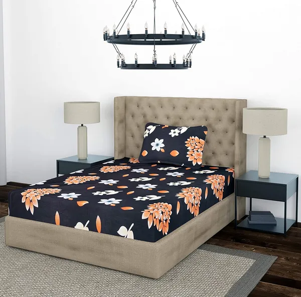 Brown_Orange_Flower_Single_Fitted_Microfiber_With_1_Single_Bedsheet_|_(36*78)_&_1_Pillow_Cover_(18*28)
