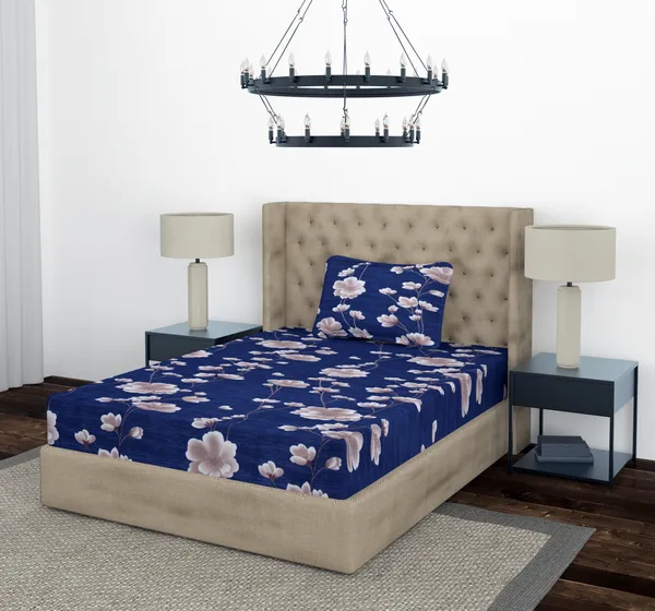 Blue_New_Flower_Single_Fitted_Microfiber_With_1_Single_Bedsheet_|_(36*78)_&_1_Pillow_Cover_(18*28)