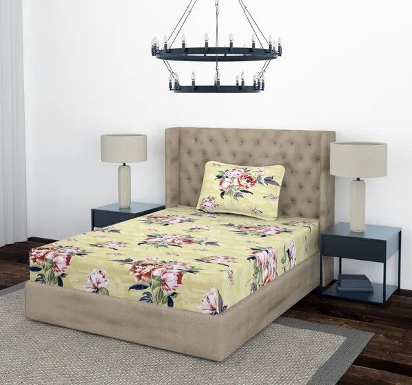 Beige_Pink_Flower_Single_Fitted_Microfiber_With_1_Single_Bedsheet_|_(36*78)_&_1_Pillow_Cover_(18*28)