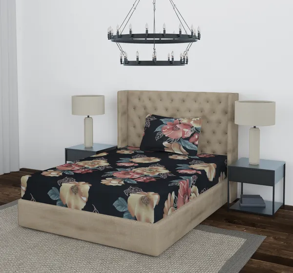 Black_Golden_Flower_Single_Fitted_Microfiber_With_1_Single_Bedsheet_|_(36*78)_&_1_Pillow_Cover_(18*28)