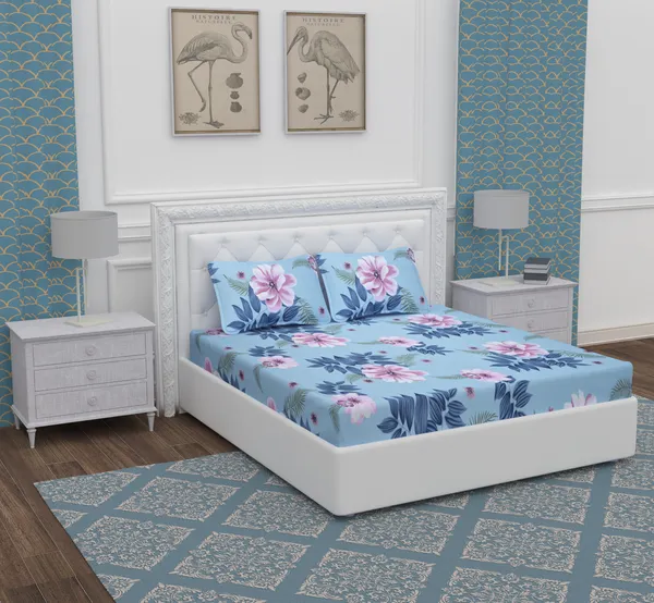 Aqua_Pink_Flower_Microfiber_With_1_Double_Bedsheet_|_(90*95)_&_2_Pillow_Covers_(18*28)