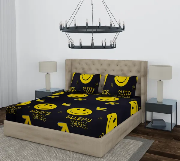 Black_Smile_Fitted_Microfiber_With_1_Double_Bedsheet_|_(72*78)_&_2_Pillow_Covers_(18*28)