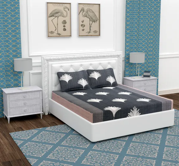 Black_Grey_Leaf_Microfiber_With_1_Double_Bedsheet_|_(90*95)_&_2_Pillow_Covers_(18*28)