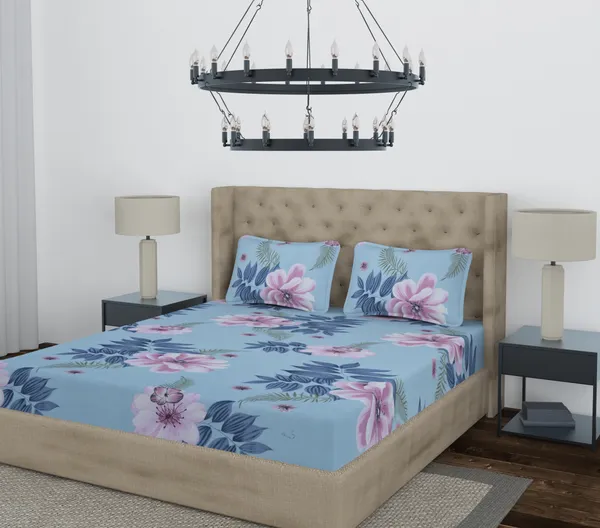 Aqua_Pink_Flower_Fitted_Microfiber_With_1_Double_Bedsheet_|_(72*78)_&_2_Pillow_Covers_(18*28)