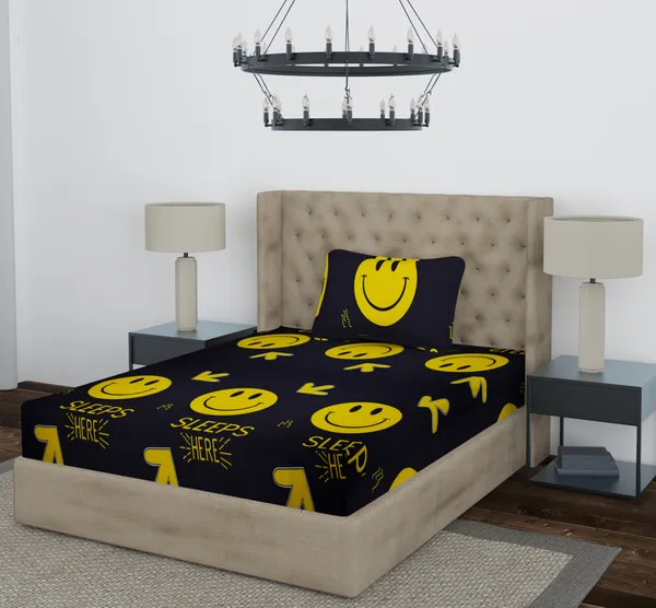 Black_Smile_Single_Fitted_Microfiber_With_1_Single_Bedsheet_|_(36*78)_&_1_Pillow_Cover_(18*28)