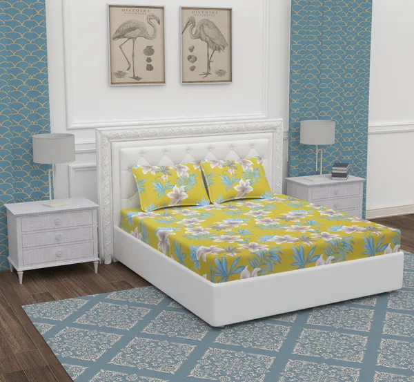 Yellow_Green_Flower_Microfiber_With_1_Double_Bedsheet_|_(90*95)_&_2_Pillow_Covers_(18*28)