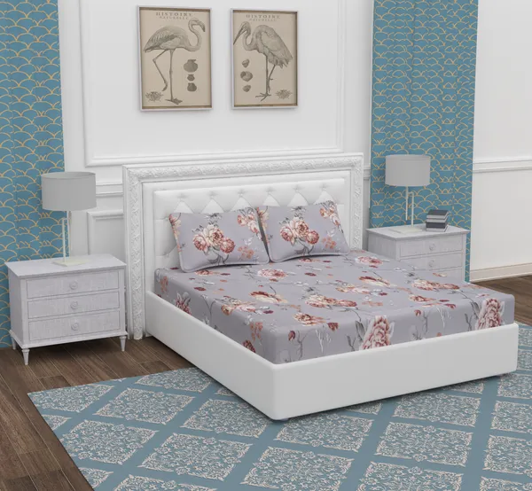 Grey_Pink_Flower_Microfiber_With_1_Double_Bedsheet_|_(90*95)_&_2_Pillow_Covers_(18*28)