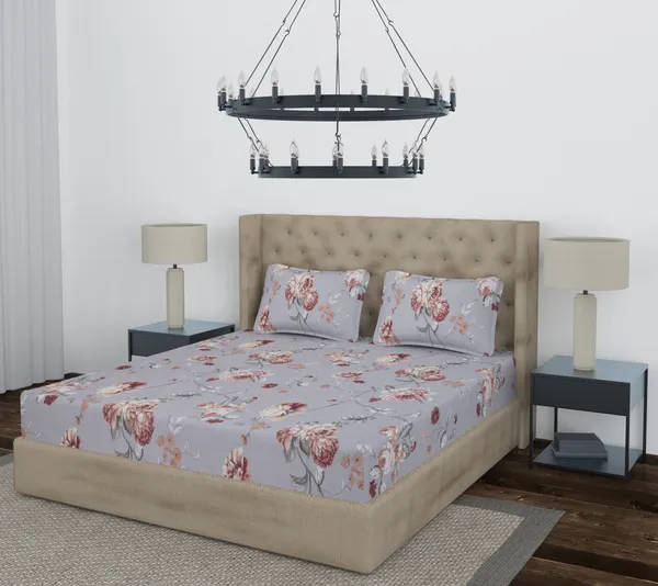 Grey_Pink_Flower_Fitted_Microfiber_With_1_Double_Bedsheet_|_(72*78)_&_2_Pillow_Covers_(18*28)