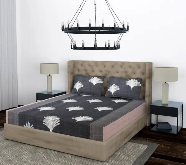 Black_Grey_Leaf_Fitted_Microfiber_With_1_Double_Bedsheet_|_(72*78)_&_2_Pillow_Covers_(18*28)