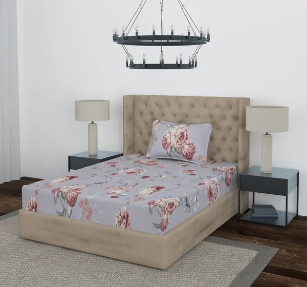 Grey_Pink_Flower_Single_Fitted_Microfiber_With_1_Single_Bedsheet_|_(36*78)_&_1_Pillow_Cover_(18*28)