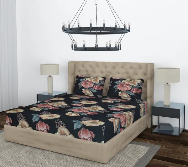 Black_Golden_Flower_Fitted_Microfiber_With_1_Double_Bedsheet_|_(72*78)_&_2_Pillow_Covers_(18*28)