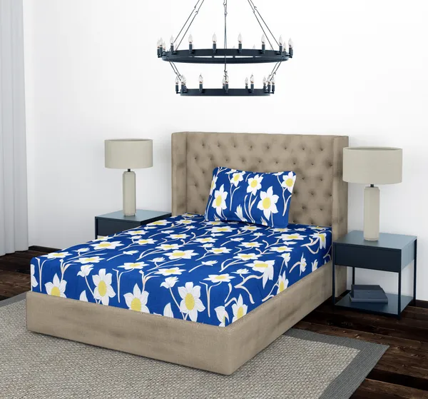 Blue_Yellow_Flower_Single_Fitted_Microfiber_With_1_Single_Bedsheet_|_(36*78)_&_1_Pillow_Cover_(18*28)