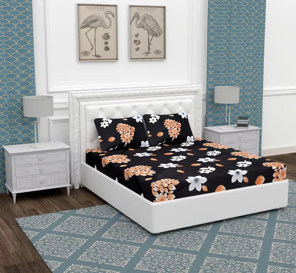 Brown_Orange_Flower_Microfiber_With_1_Double_Bedsheet_|_(90*95)_&_2_Pillow_Covers_(18*28)