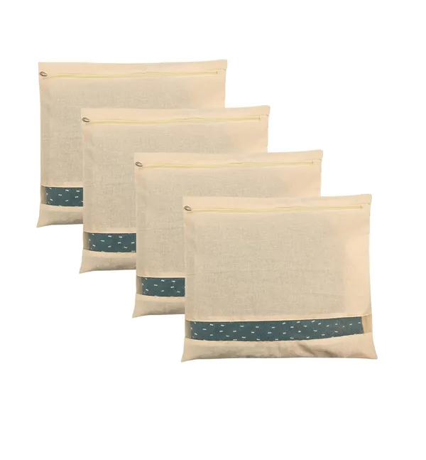 Set_Of-4_Beige_Cotton_Saree_Storage_Covers,_With_Mesh_Window_And_Zipper_16_X_14_Inches