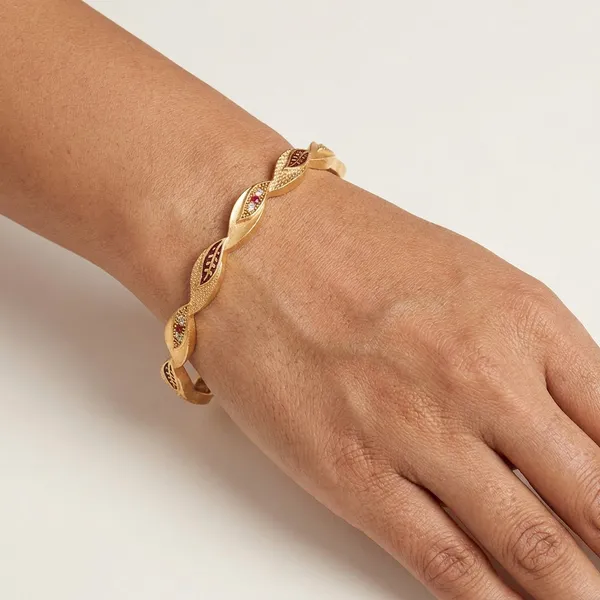 The_Aura_Leaf_Wave_Bangles_(Set_of_2)_�_Matte_Gold_with_Ruby_Accentuation
