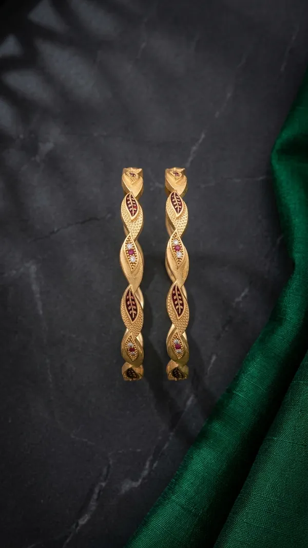 The_Aura_Leaf_Wave_Bangles_(Set_of_2)_�_Matte_Gold_with_Ruby_Accentuation