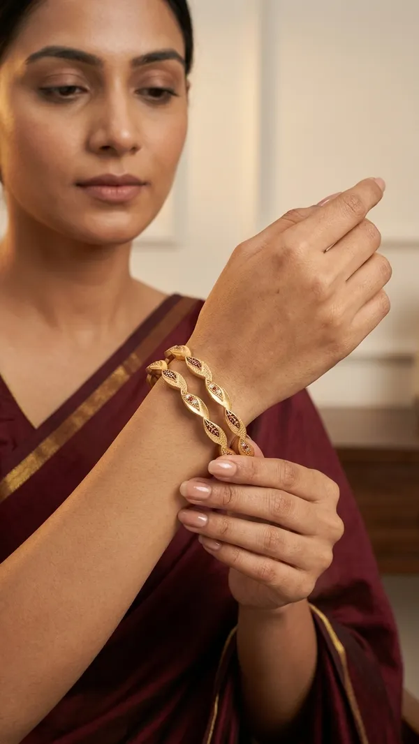 The_Aura_Leaf_Wave_Bangles_(Set_of_2)_�_Matte_Gold_with_Ruby_Accentuation