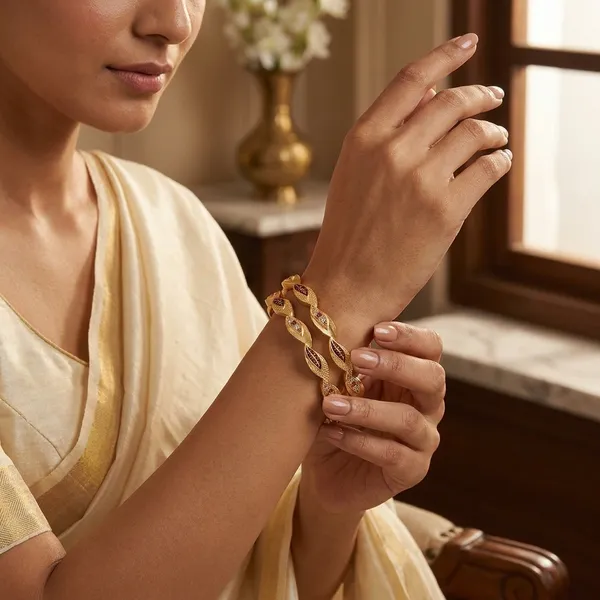 The_Aura_Leaf_Wave_Bangles_(Set_of_2)_�_Matte_Gold_with_Ruby_Accentuation