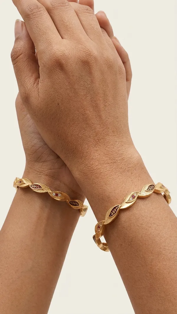 The_Aura_Leaf_Wave_Bangles_(Set_of_2)_�_Matte_Gold_with_Ruby_Accentuation