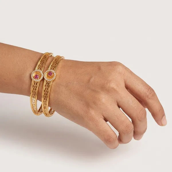 The_Royal_Filigree_Cuff_Set_�__Gold_Plated_Openwork_Bangles_with_Faux_Ruby_&_CZ_Medallions_(Set_of_2)