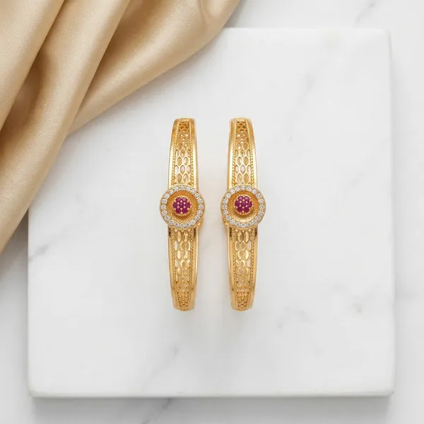 The_Royal_Filigree_Cuff_Set_�__Gold_Plated_Openwork_Bangles_with_Faux_Ruby_&_CZ_Medallions_(Set_of_2)