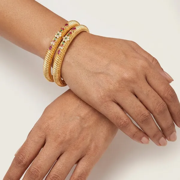The_Royal_Heritage_Ridged_Bangles_(Set_of_2)_�_Antique_Gold_with_Ruby_&_Emerald_Inlays