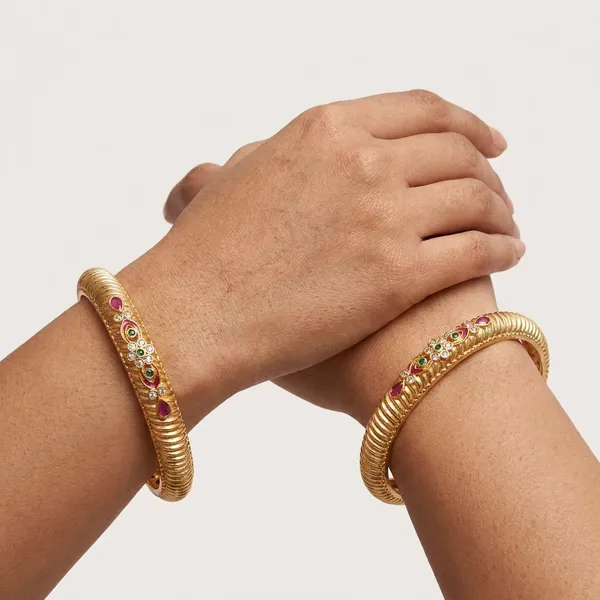 The_Royal_Heritage_Ridged_Bangles_(Set_of_2)_�_Antique_Gold_with_Ruby_&_Emerald_Inlays