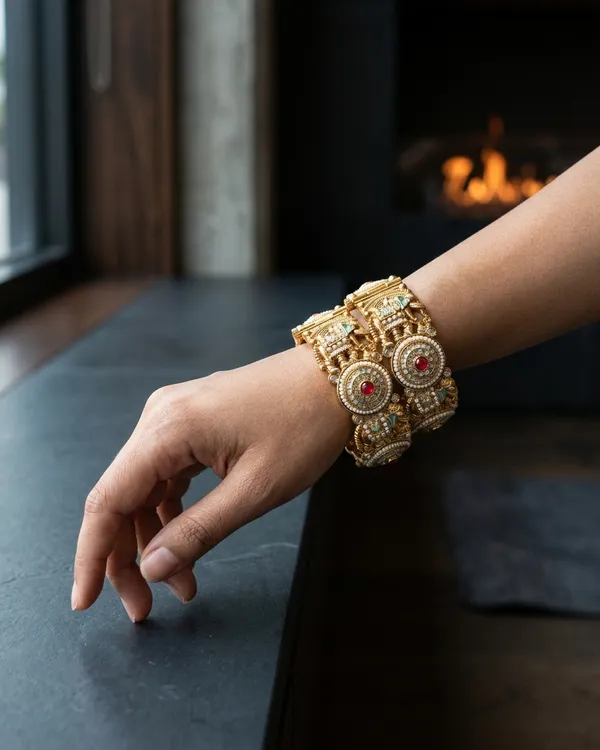 The_Heritage_Elephant_Motif_Kada_Set_�_Handcrafted_Antique_Gold_Bangles_with_Pearl_&_Enamel_Work_(Set_of_2)