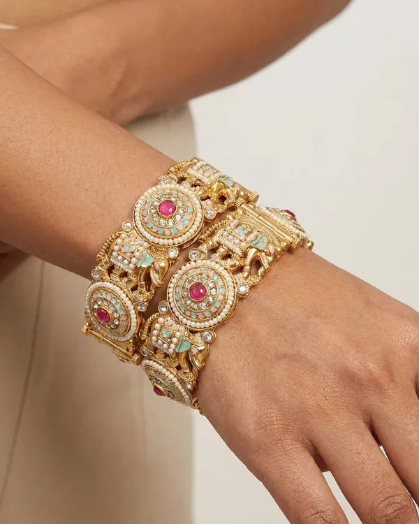 The_Heritage_Elephant_Motif_Kada_Set_�_Handcrafted_Antique_Gold_Bangles_with_Pearl_&_Enamel_Work_(Set_of_2)