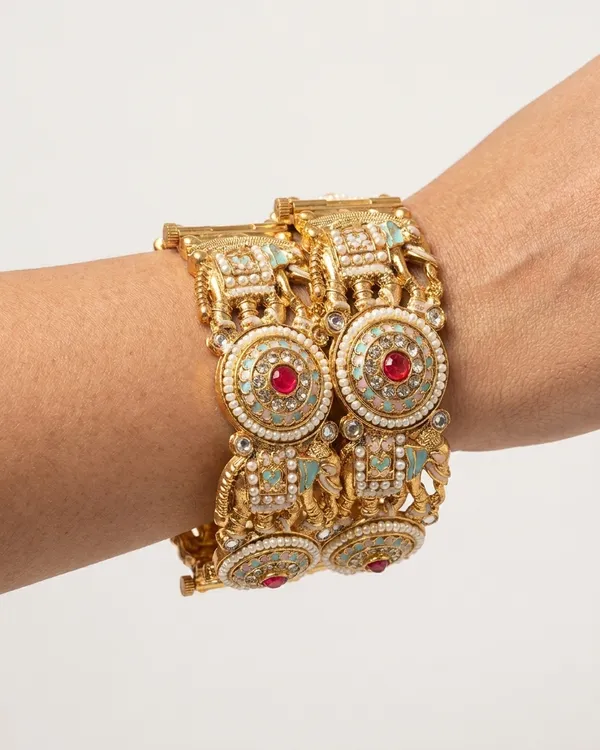 The_Heritage_Elephant_Motif_Kada_Set_�_Handcrafted_Antique_Gold_Bangles_with_Pearl_&_Enamel_Work_(Set_of_2)