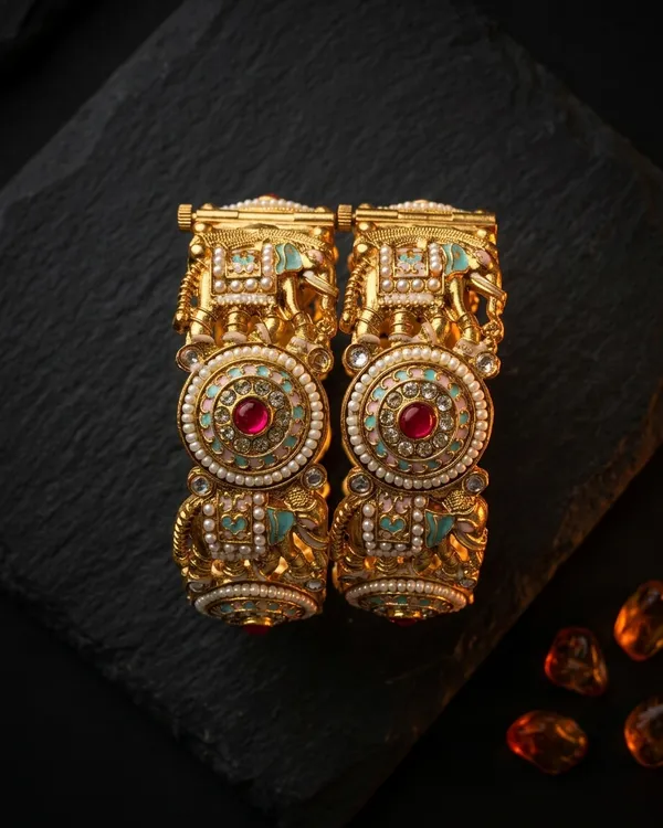 The_Heritage_Elephant_Motif_Kada_Set_�_Handcrafted_Antique_Gold_Bangles_with_Pearl_&_Enamel_Work_(Set_of_2)