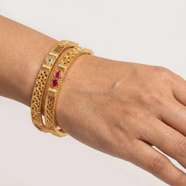 The_Heritage_Filigree_Bangle_Set_(Set_of_2)_�__Gold_Plated_with_Ruby_&_Emerald_Detailing