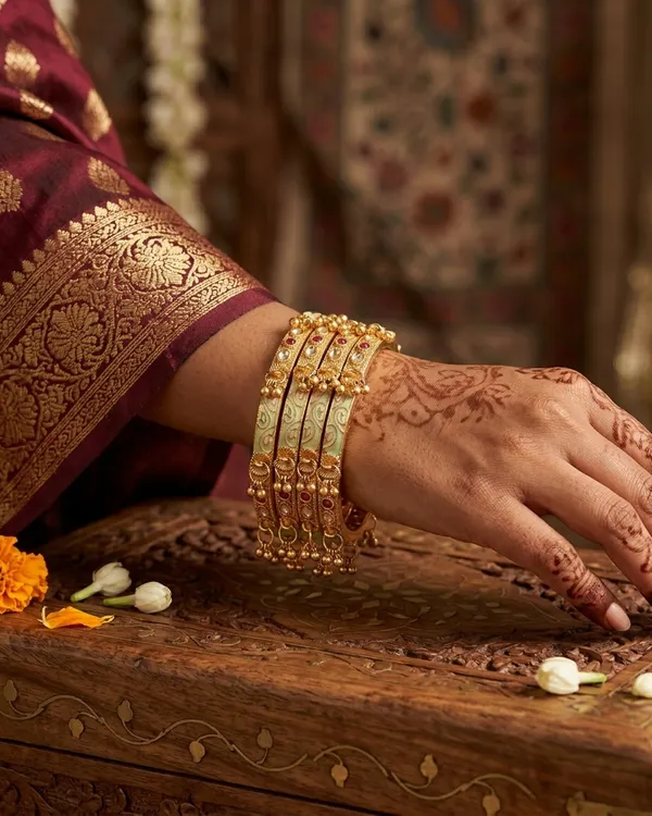 Handcrafted_Mint_Green_Meenakari_Bangle_Set_of_4_�_Gold-Plated_Kundan_Chuda_with_Ruby_Accents_and_Ghungroo_Danglers_for_Weddings_&_Festivals