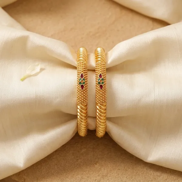 Set_of_2_Gold-Plated_Traditional_Bangles_with_Intricate_Beaded_Texture_and_Ruby-Green_Enamel_Accents