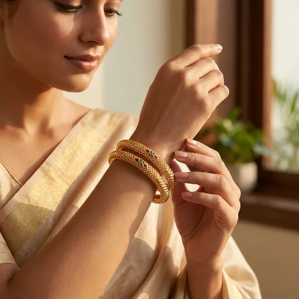 Set_of_2_Gold-Plated_Traditional_Bangles_with_Intricate_Beaded_Texture_and_Ruby-Green_Enamel_Accents