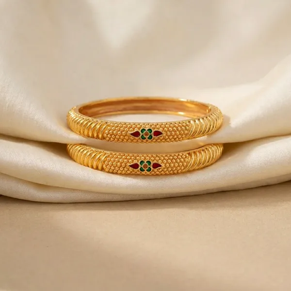 Set_of_2_Gold-Plated_Traditional_Bangles_with_Intricate_Beaded_Texture_and_Ruby-Green_Enamel_Accents