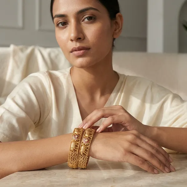 The_Royal_Gajraj_Bangle_Set_�_Set_of_2_Matte_Gold_Temple_Kadas_with_Ruby_Floral_Accents