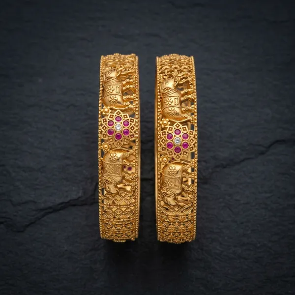 The_Royal_Gajraj_Bangle_Set_�_Set_of_2_Matte_Gold_Temple_Kadas_with_Ruby_Floral_Accents
