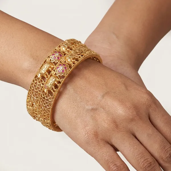 The_Royal_Gajraj_Bangle_Set_�_Set_of_2_Matte_Gold_Temple_Kadas_with_Ruby_Floral_Accents