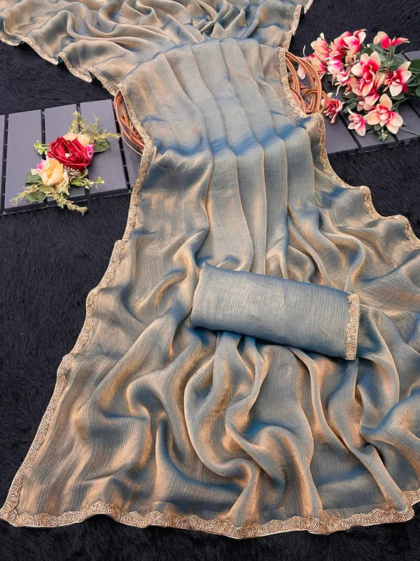 Blue_Solid_Saree_With_Embellished_Border_For_Women_With_Blouse