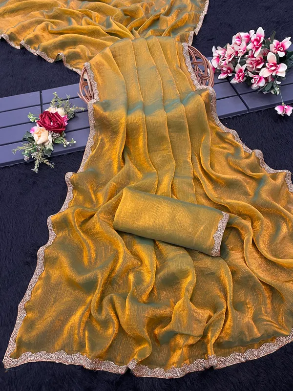 Gold_Solid_Saree_With_Embellished_Border_For_Women_With_Blouse