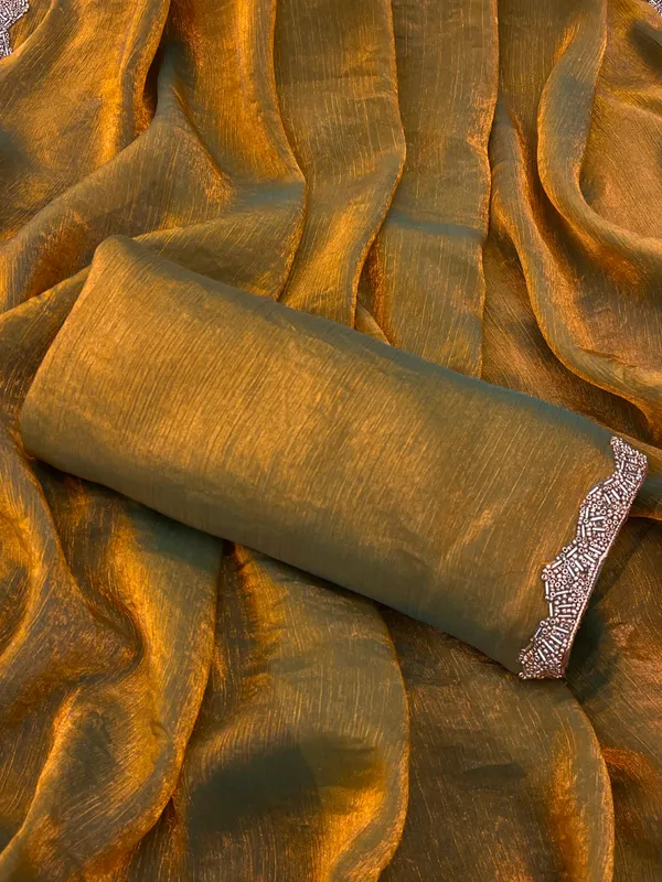 Gold_Solid_Saree_With_Embellished_Border_For_Women_With_Blouse