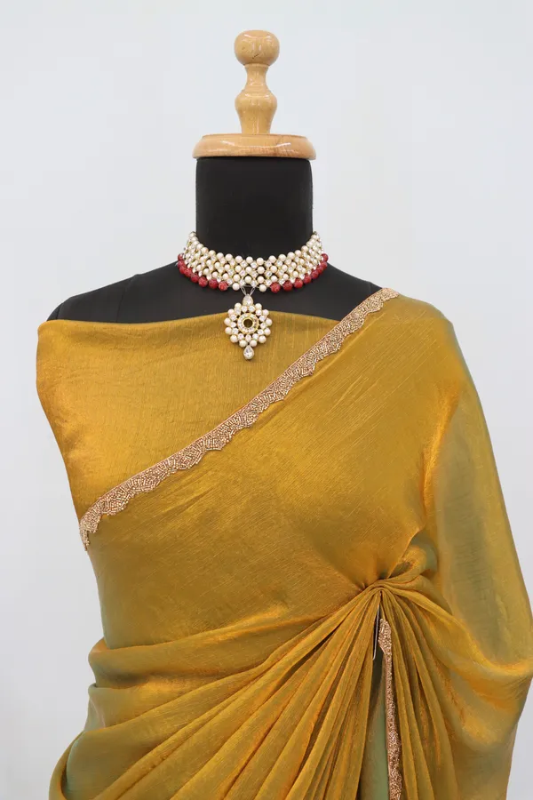 Gold_Solid_Saree_With_Embellished_Border_For_Women_With_Blouse