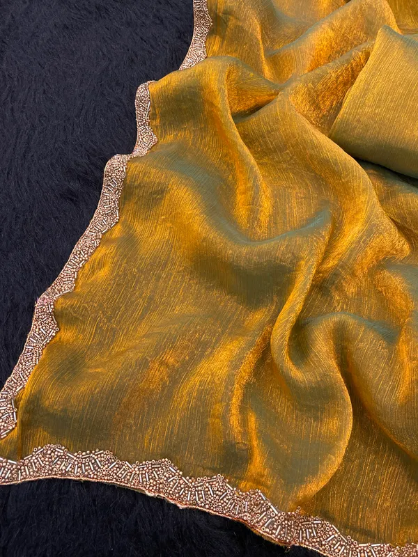 Gold_Solid_Saree_With_Embellished_Border_For_Women_With_Blouse