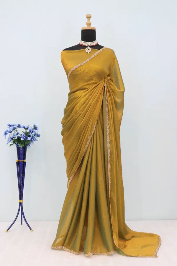 Gold_Solid_Saree_With_Embellished_Border_For_Women_With_Blouse