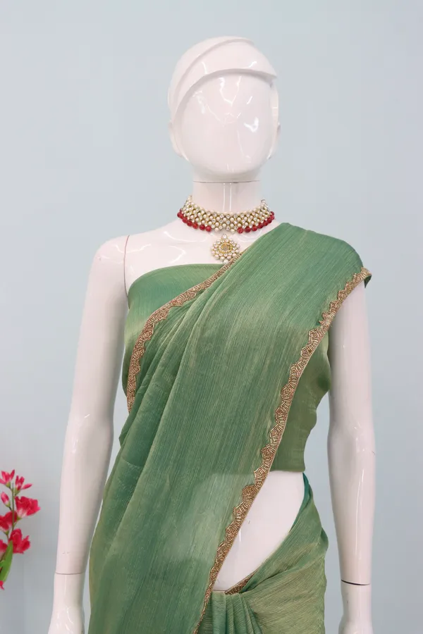 Green_Solid_Saree_With_Embellished_Border_For_Women_With_Blouse