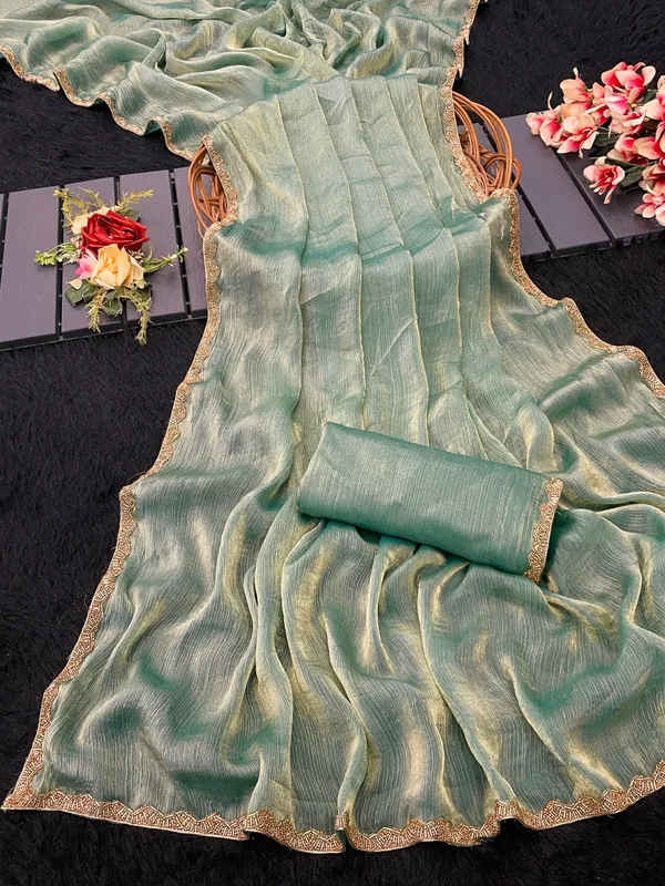 Green_Solid_Saree_With_Embellished_Border_For_Women_With_Blouse