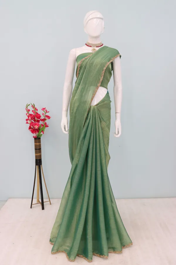 Green_Solid_Saree_With_Embellished_Border_For_Women_With_Blouse