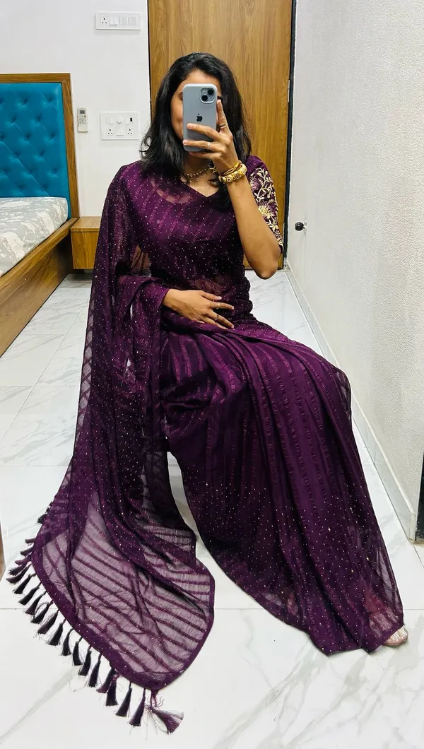 Purple_Georgette_Solid_Saree_For_Women_With_Unstitched_Blouse
