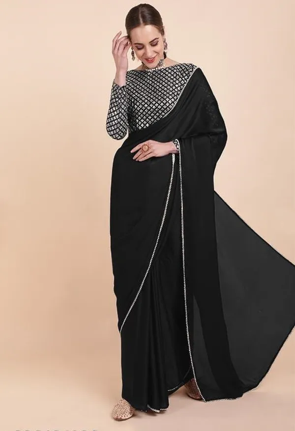 Black_Satin_Silk_Saree_For_Women_With_Blouse_Piece